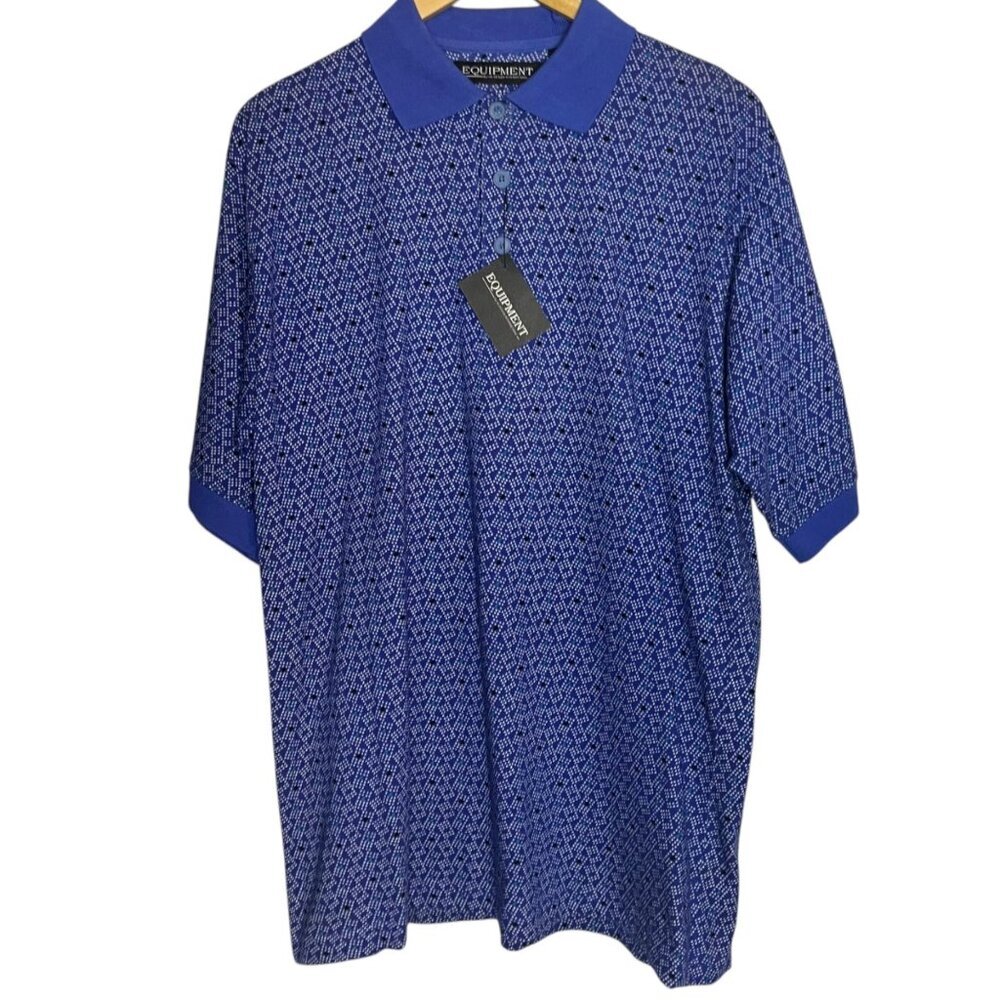 Equipment HG Design Men's‎ M Blue Cotton Small Print Short Sleeve Polo Geometric